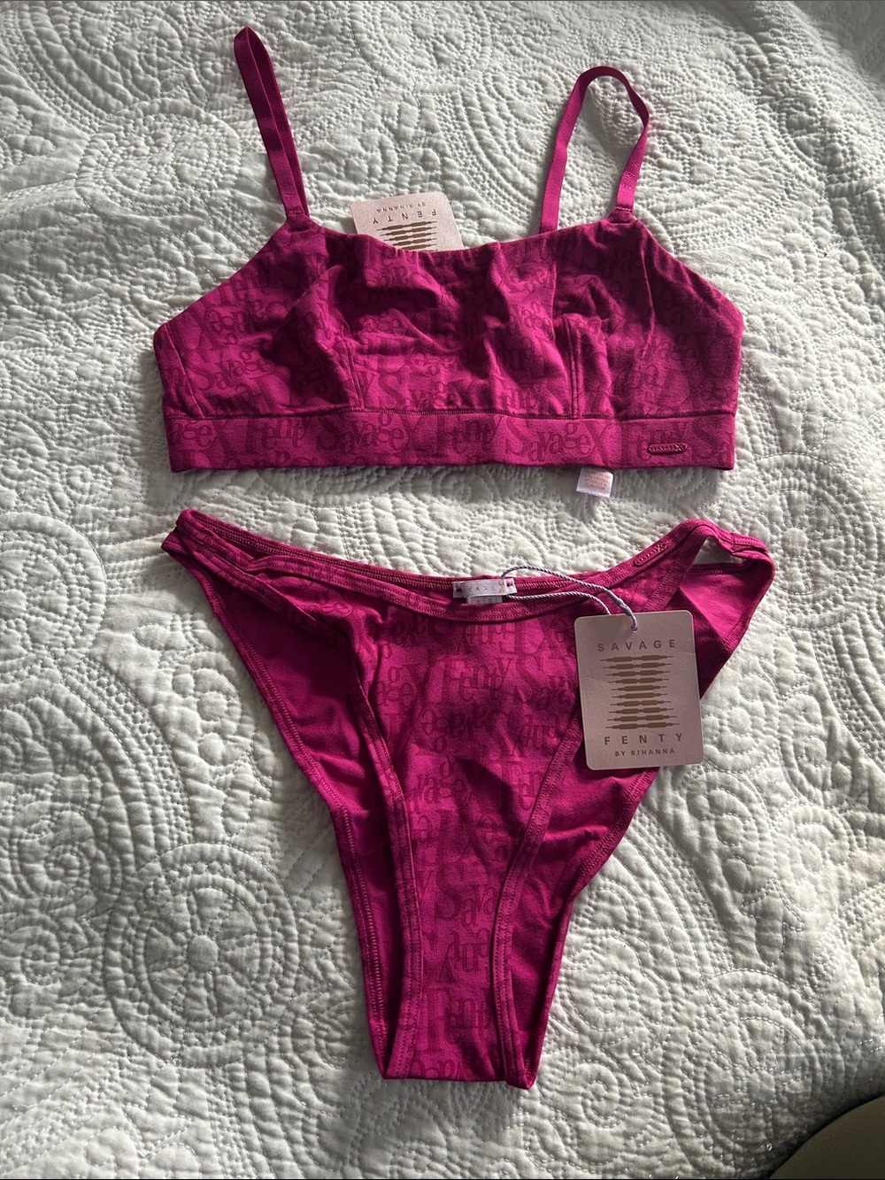Savage X Fenty Bright Fuchsia Lace-Print Bralette & Bikini Set